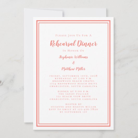 Invitation Dîner simple Coral et Mariage blanc (Devant)