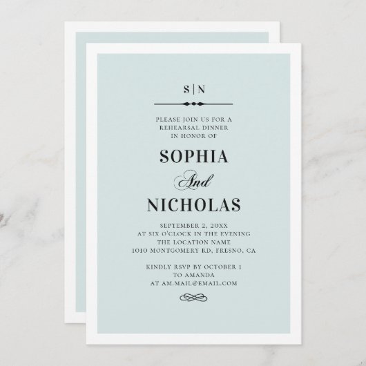 Invitation Dîner simple de répétition bleu. Élégant classique (Devant / Derrière)