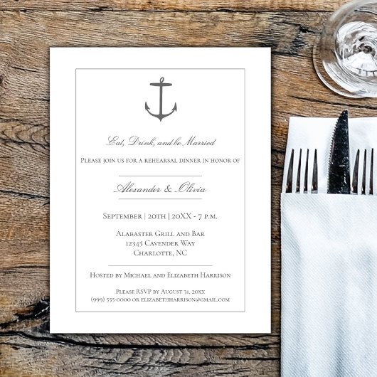 Invitation Dîner simple de répétition d'Ancres nautiques | Bl