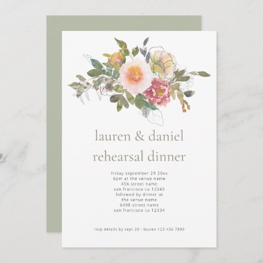 Invitation Dîner simple Floral Sage Green Mariage (Devant / Derrière)