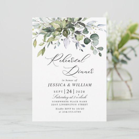 Invitation DÎNER Simplement Élégant Eucalyptus REHEARSAL (Debout devant)