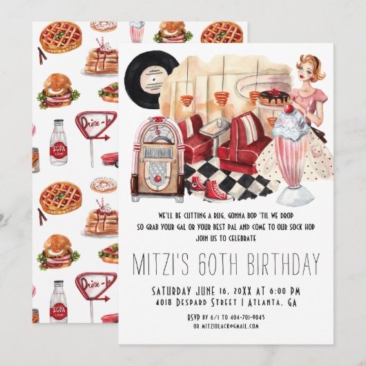 Invitation Diner Sock Hop Anniversaire des années 50 (Devant / Derrière)