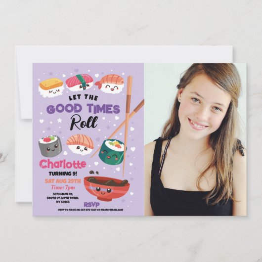 Invitation Dîner Sushi Filles Japonaise Anniversaire Fête vio (Devant)