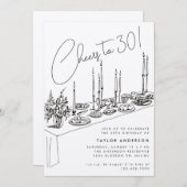 Invitation Dîner Table Cheers Dessin 30e fête d'anniversaire (Devant / Derrière)