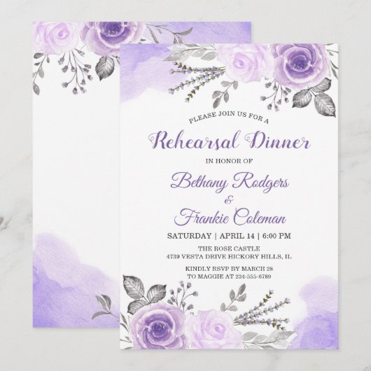 Invitation Dîner tendance Pastel Purple Floral Chic Rehearsal (Devant / Derrière)