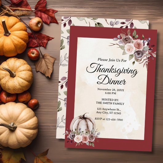 Invitation Dîner Thanksgiving Aquarelle Bourgogne Roses