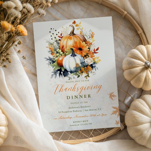 Invitation Dîner Thanksgiving Aquarelle Citrouilles floraux