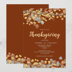 Invitation Dîner Thanksgiving Autumn Leves Vintage Lights