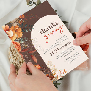 Invitation Dîner Thanksgiving brun fleuri