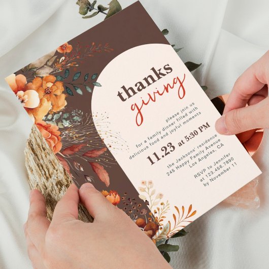 Invitation Dîner Thanksgiving brun fleuri