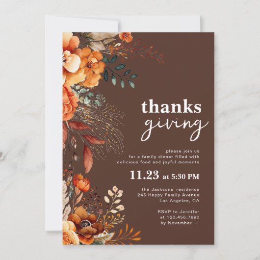 Invitation Dîner Thanksgiving brun fleuri (Devant)
