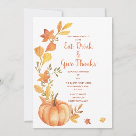 Invitation Dîner Thanksgiving Citrouille aquarelle (Devant)