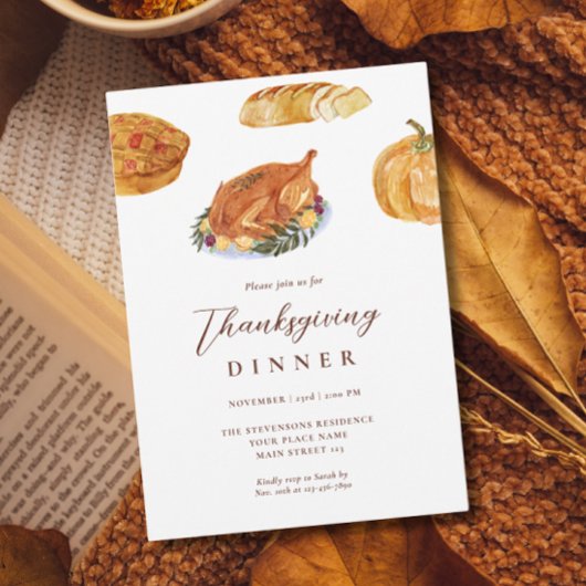 Invitation Dîner Thanksgiving dinde & tarte aquarelle Russe