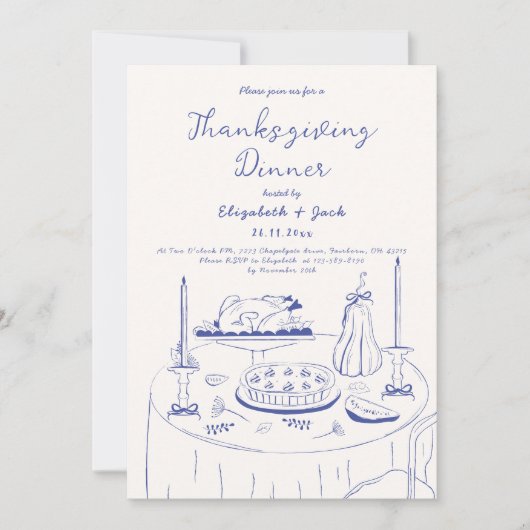 Invitation Dîner Thanksgiving Doodle Blue & Cream à la main (Devant)