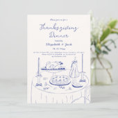 Invitation Dîner Thanksgiving Doodle Blue & Cream à la main (Debout devant)