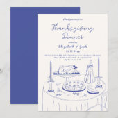 Invitation Dîner Thanksgiving Doodle Blue & Cream à la main (Devant / Derrière)