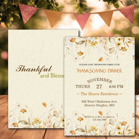 Invitation Dîner Thanksgiving Flores Rustiques Personnalisé