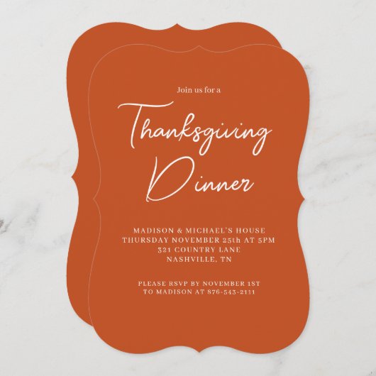 Invitation Dîner Thanksgiving moderne Burange Orange Script (Devant / Derrière)