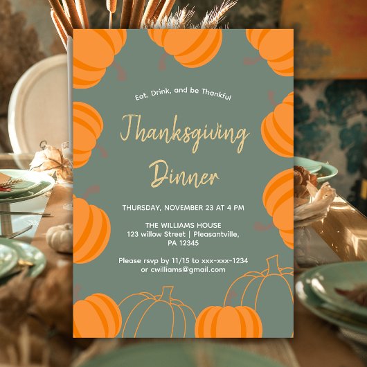 Invitation Dîner Thanksgiving moderne Sage Citrouille