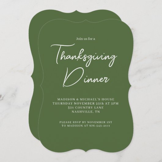 Invitation Dîner Thanksgiving moderne Sage Vert Blanc Script (Devant / Derrière)