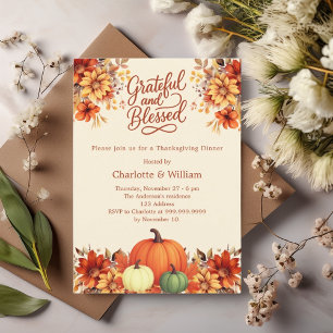 Invitation Dîner Thanksgiving orange fleurs citrouilles