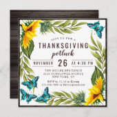 Invitation Dîner Thanksgiving Potluck Aquarelle Sunflowers (Devant / Derrière)