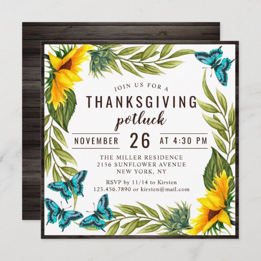 Invitation Dîner Thanksgiving Potluck Aquarelle Sunflowers (Devant / Derrière)
