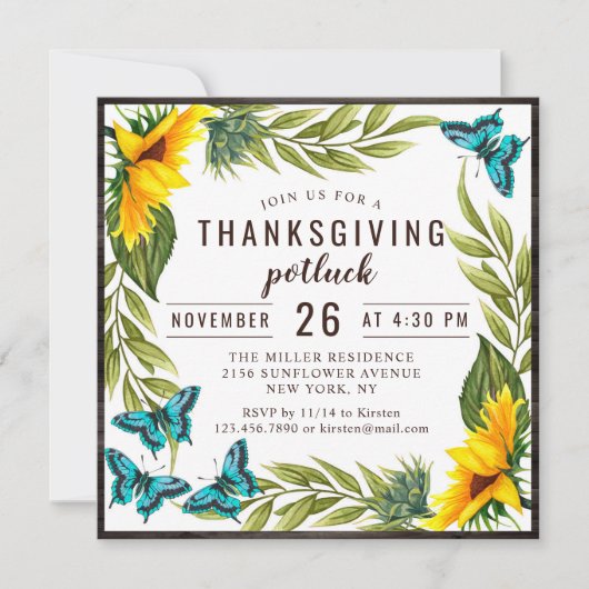 Invitation Dîner Thanksgiving Potluck Aquarelle Sunflowers (Devant)