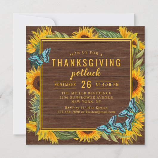 Invitation Dîner Thanksgiving Potluck Aquarelle Sunflowers (Devant)