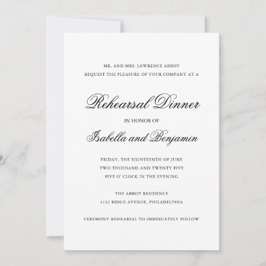 Invitation Dîner traditionnel de répétition noir et blanc (Devant)