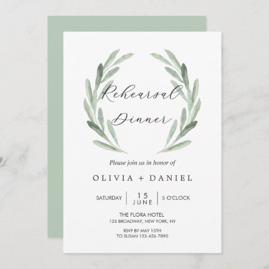 Invitation Dîner vert rustique de répétition de guirlande de (Devant / Derrière)