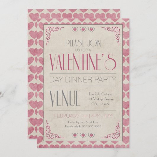 Invitation Dîner vintage de Saint-Valentin (Devant / Derrière)