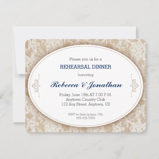 Invitation Dîner vintage Oval sur Burlap et dentelle (Devant)