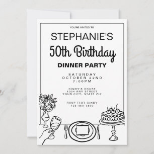 Invitation Dîner Whimsical Black & White 50e anniversaire