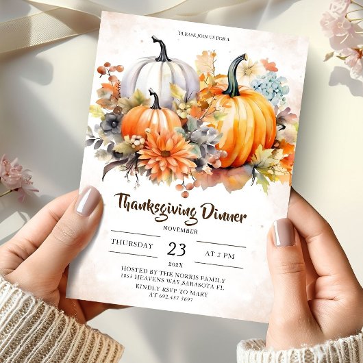 Invitation Dîners de Friendsgiving avec citrouilles florales