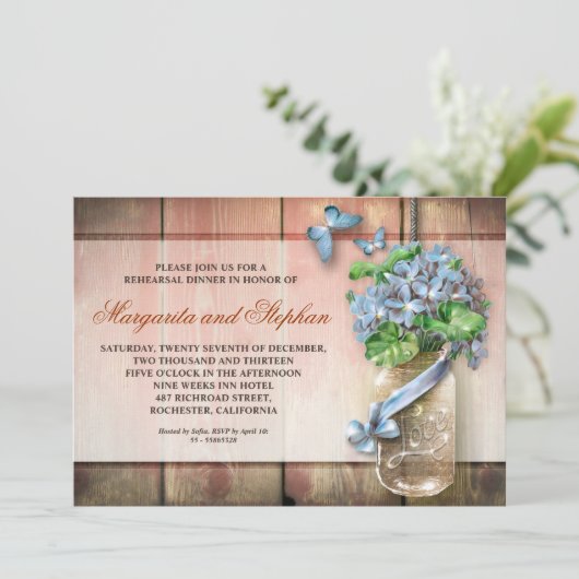 Invitation dîners de répétition de bois rustique de mason jar (Debout devant)