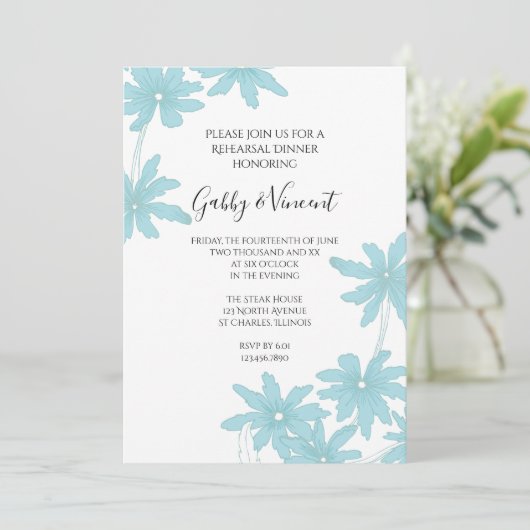 Invitation Dîners de répétition Mariage en marguerite bleu cl (Debout devant)