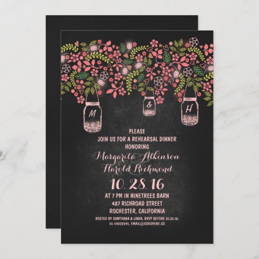Invitation dîners de répétitions de chalkboard rose rustique (Devant / Derrière)