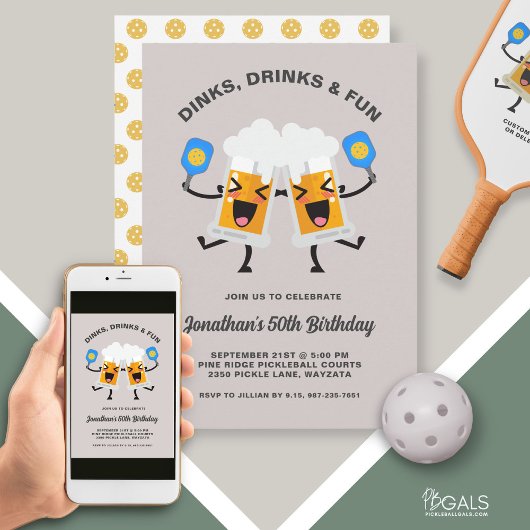 Invitation Dinks & Boissons Beer Mugs Pickleball fête d'anniv