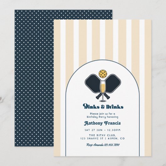 Invitation Dinks & Drinks Champagne Navy Pickleball Anniversa (Devant / Derrière)