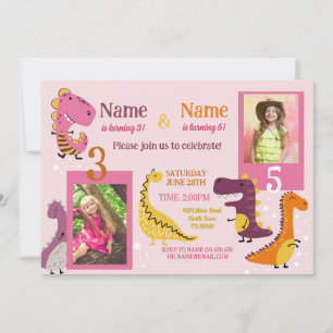 Invitation Dino Anniversaire de enfant Girls Pink Photo Parti