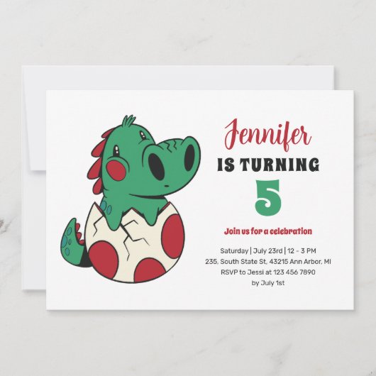 Invitation Dino Bébé Vert à Oeuf mignons Enfants Dinosaure An (Devant)