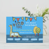 Invitation Dino Car Dinosaur Blue Yellow Boys Anniversaire (Debout devant)