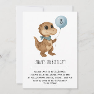 Invitation Dino coloré avec écharpe bleue et ballon d'anniver