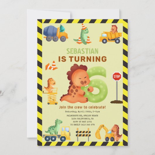 Invitation Dino Crew 6e Anniversaire Construction Dinosaur (Devant)