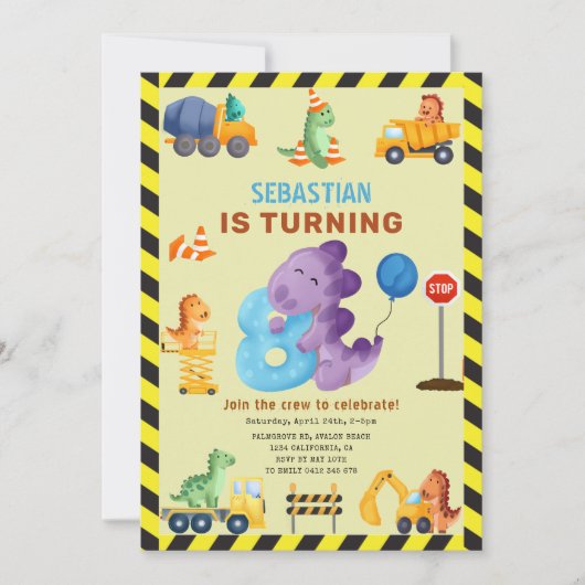 Invitation Dino Crew 8e anniversaire de construction Dinosaur (Devant)