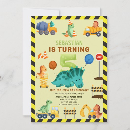 Invitation Dino Crew Construction 5e Anniversaire Dinosaur (Devant)