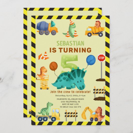 Invitation Dino Crew Construction 5e Anniversaire Dinosaur (Devant / Derrière)