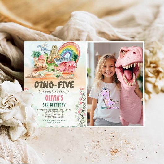 Invitation Dino-Five Dinosaur Girl 5e anniversaire de fête Ph