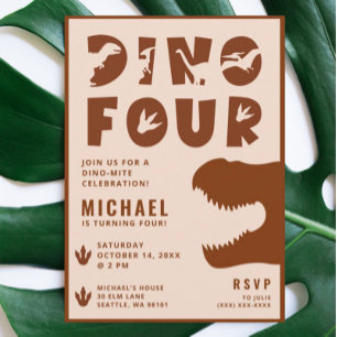 Invitation Dino Four Burnt Orange Dinosaur 4ème anniversaire 